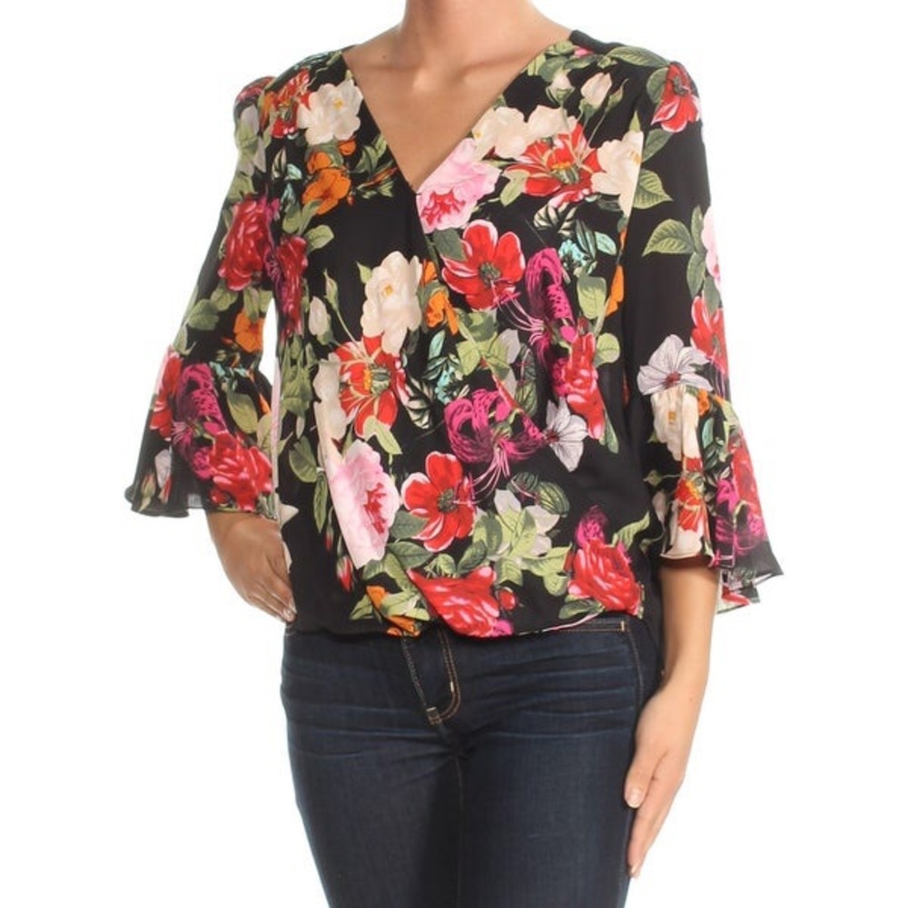3X INC Gorgeous Black & Bright Floral Wrap Blouse